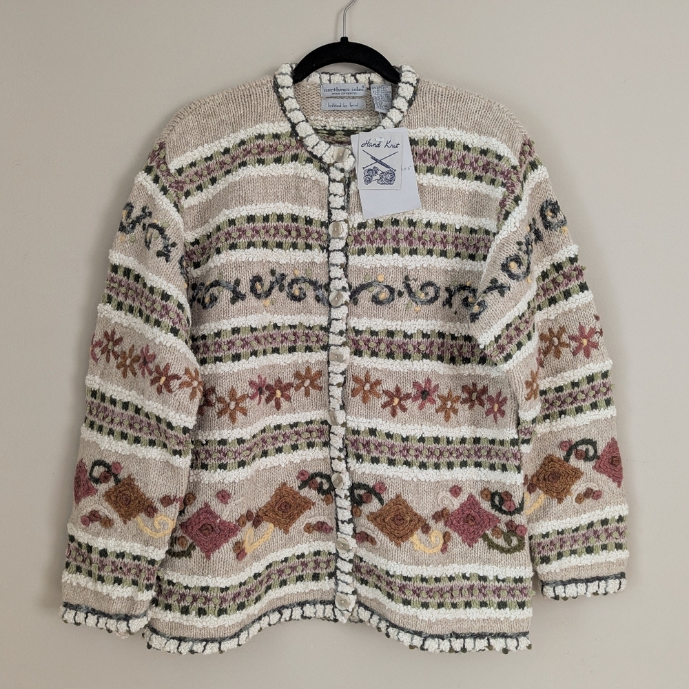 NORTHERN ISLES Vintage Wool Cardigan Women L Hand Knit Textured Embroidered  NWT - Picture 2 of 6